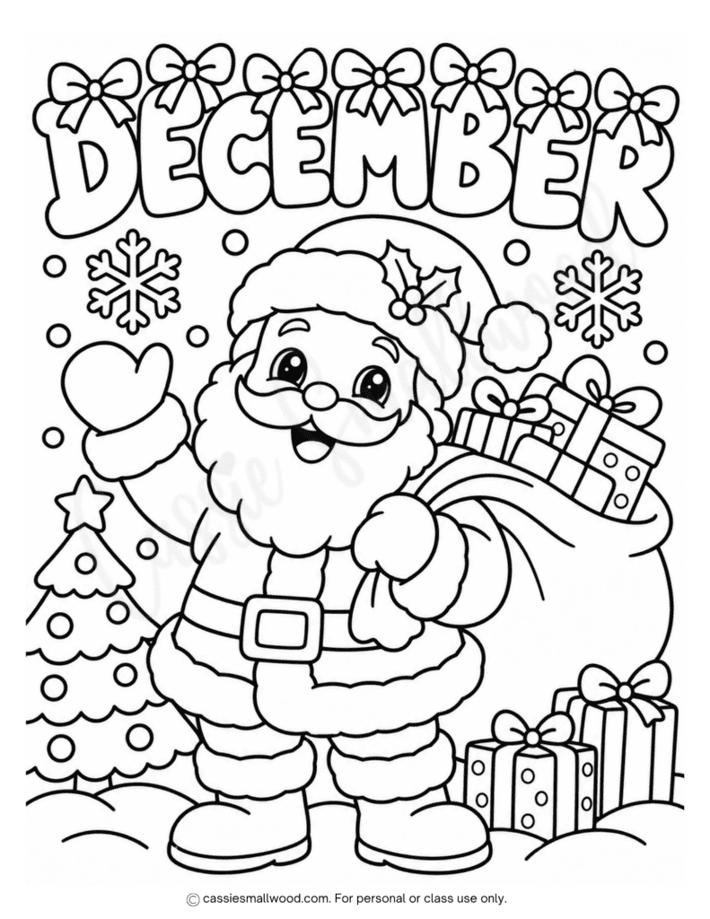 cute Santa Claus December coloring page free printable pdf, holiday December coloring sheet for kids free download pdf, easy Christmas coloring page for preschool toddlers