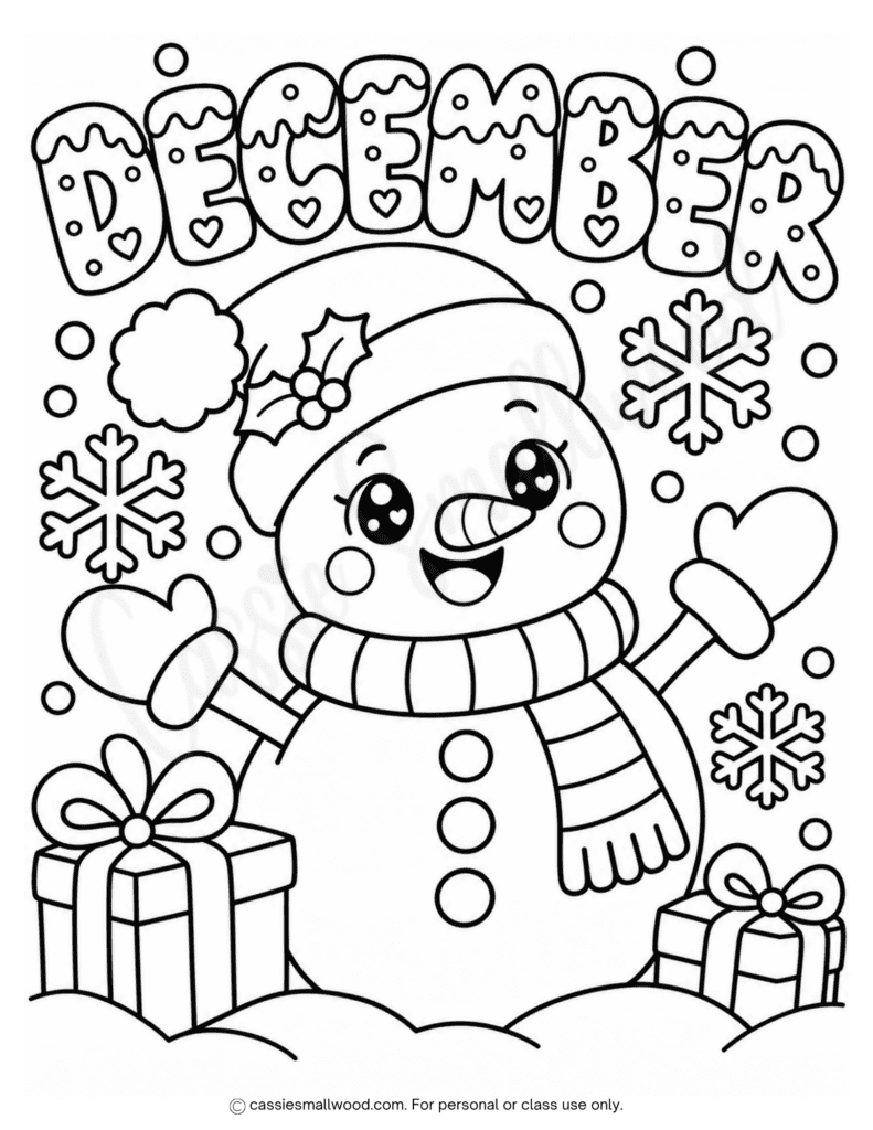 cute snowman December coloring page free printable pdf, snowman coloring page for kids, cute winter coloring sheet for kids, easy preschool snowman coloring page, toddler December coloring page