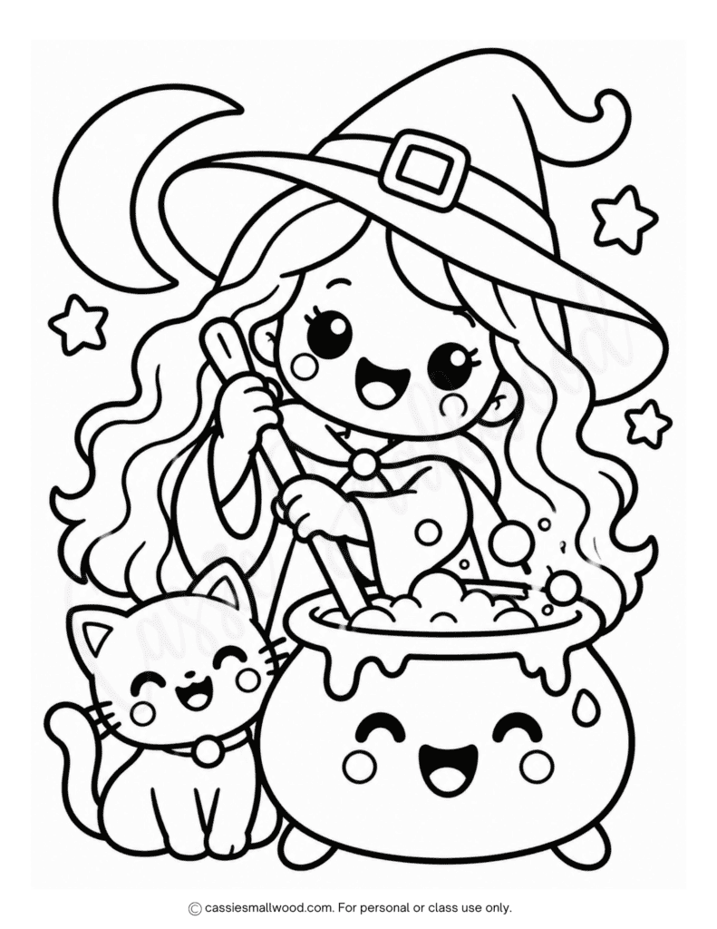 easy cute witch Halloween coloring page for kids free printable pdf, kawaii witch coloring sheet for Halloween, simple witch coloring page preschool, kindergarten, toddler, cauldron coloring page Halloween