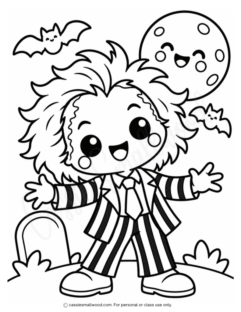 easy Beetlejuice coloring page free printable pdf, easy Halloween coloring page for kids, preschool Halloween coloring sheet kawaii, toddler halloween coloring pictures simple kindergarten Halloween coloring pages