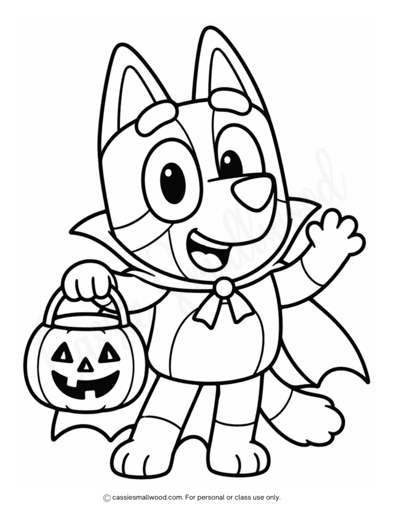 easy Bluey Halloween coloring page free printable pdf, easy Halloween coloring pages for kids, simple Halloween coloring sheets toddlers, preschool Halloween coloring pictures bold, kindergarten Halloween coloring sheets cute