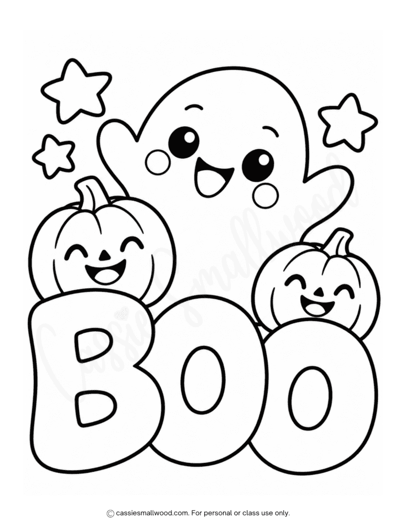 easy boo Halloween coloring page printable pdf free, easy Halloween coloring pages for kids preschool kindergarten toddlers, simple Halloween coloring pictures for children, easy ghost coloring page, Boo Coloring page free download pdf