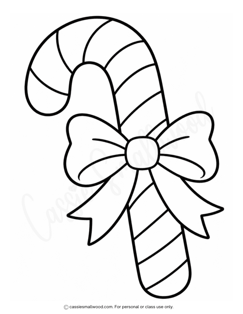 easy candy cane coloring page free printable pdf, toddler candy cane with bow coloring sheet full page, large candy cane picture to color kindergarten, easy Christmas coloring pages for kids