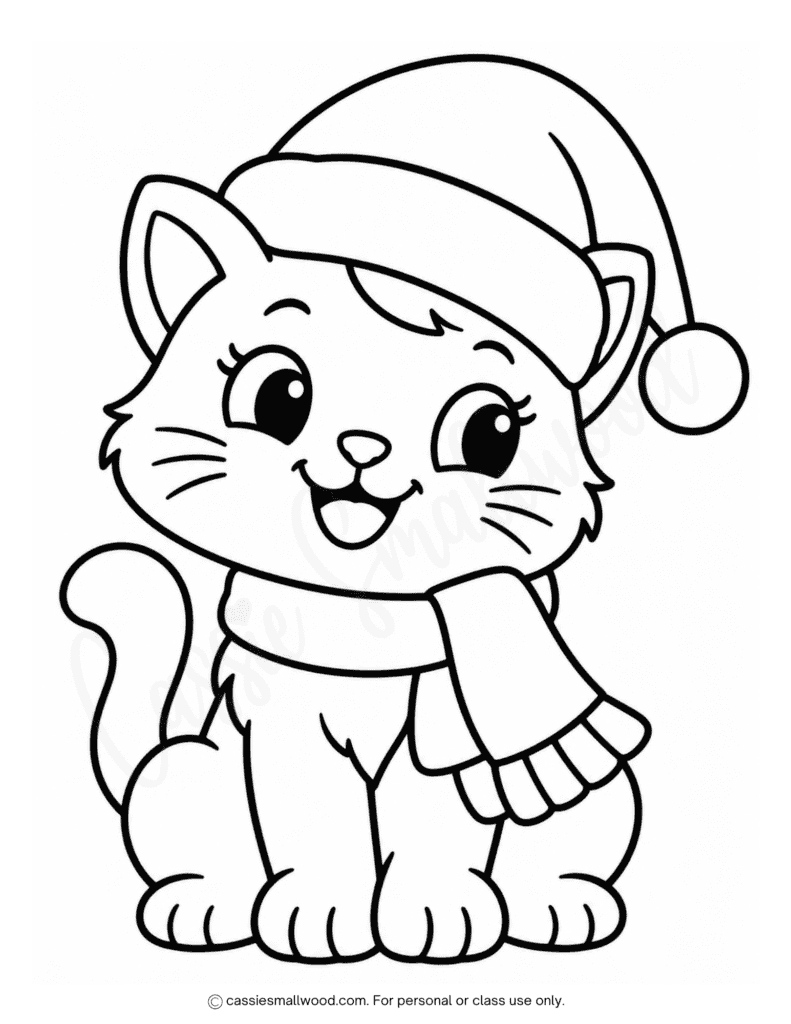 easy Christmas cat coloring page free printable pdf, preschool Christmas kitty coloring page, toddler kitten Christmas coloring sheet, kindergarten cat Christmas coloring page, easy Christmas coloring pages for kids free download pdf