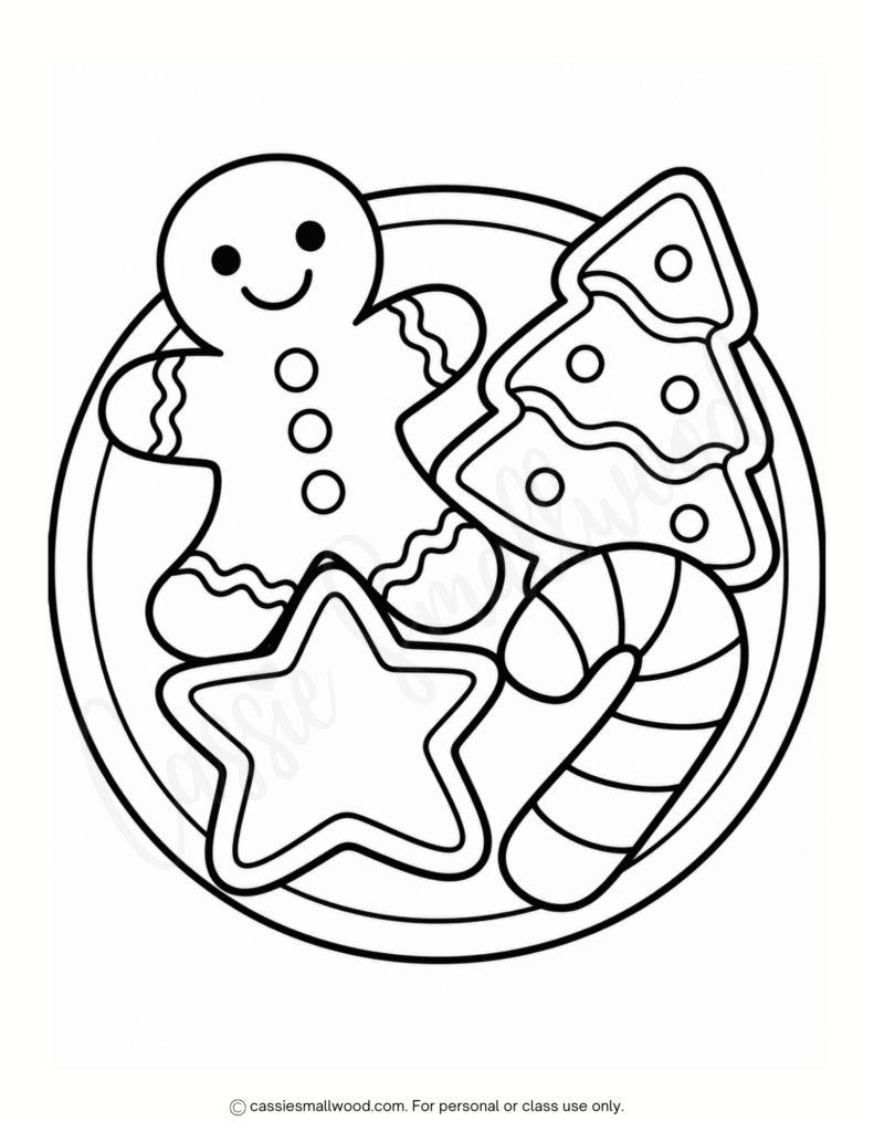 easy Christmas cookies coloring page free printable pdf, simple Christmas cookies coloring sheet preschool toddlers kindergarten, easy Christmas coloring pages for kids, Christmas baking coloring page