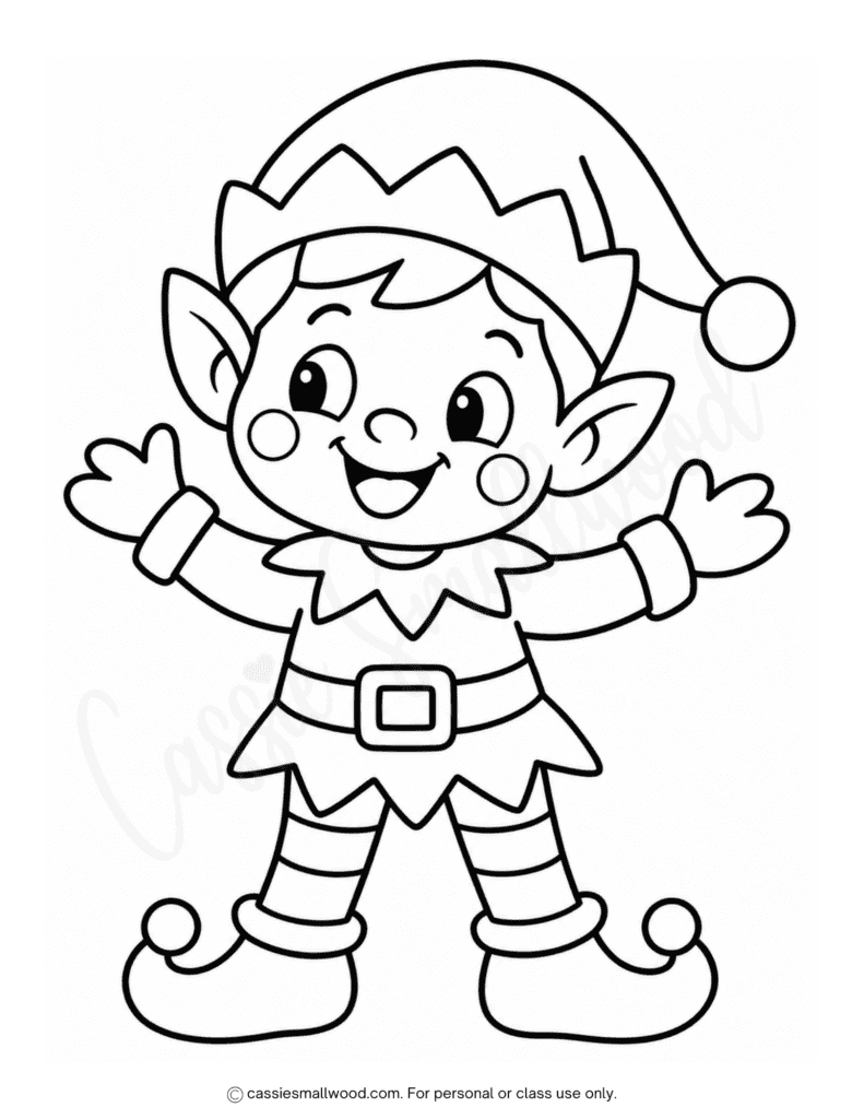 easy Christmas elf coloring page free printable pdf, simple elf coloring sheet toddlers, full page elf coloring picture preschool, kindergarten, easy Christmas coloring pages for kids