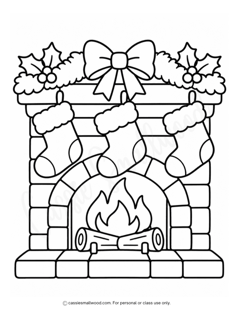 easy Christmas fireplace coloring page for kids free printable pdf, simple fireplace Christmas coloring sheet, easy fireplace coloring page preschool toddlers kindergarten, easy Christmas coloring pages for kids