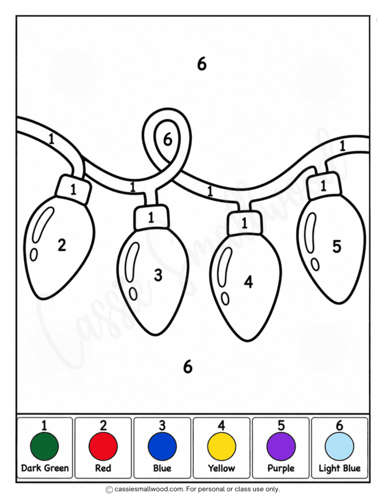 easy Christmas lights color by number free printable pdf, simple Christmas color by number 1st grade, easy Christmas color by numbers preschool, kindergarten, easy Christmas lights coloring page for kids, cute simple Christmas coloring pages for kids free download pdf