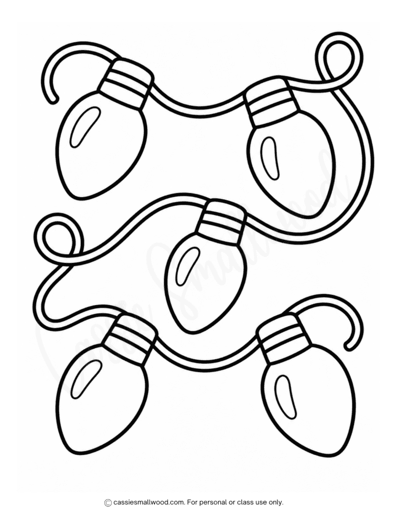 easy Christmas lights coloring page free printable pdf, simple Christmas lights coloring sheet preschool toddlers kindergarten, Christmas lights string coloring page, Christmas lights strand coloring page, easy Christmas coloring pages for kids