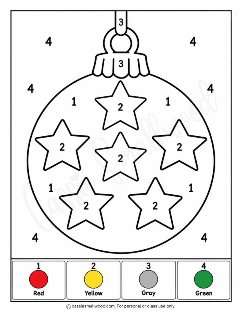 easy Christmas ornament color by number free printable pdf, kindergarten Christmas color by number easy, preschool Christmas color by number simple, easy Christmas coloring pages for kids, simple Christmas ornament coloring sheet for kids downloadable pdf free