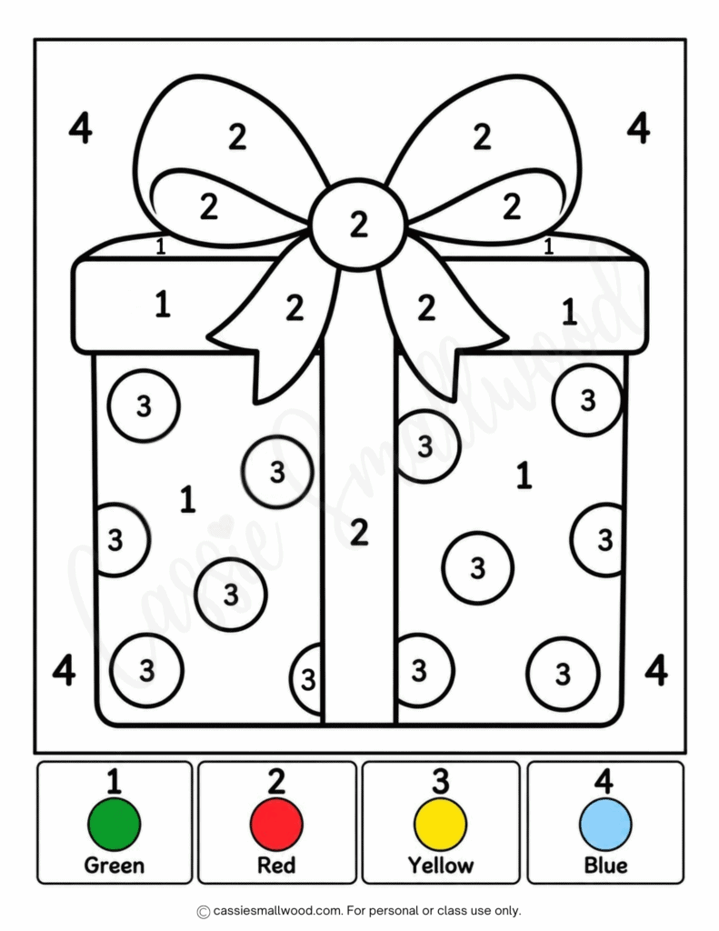 easy Christmas present color by number free printable pdf, easy Christmas color by numbers preschool, simple Christmas color by number kindergarten, first grade Christmas coloring pages for kids easy, cute preschool Christmas coloring sheets free download pdf