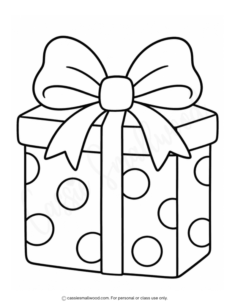 easy Christmas present coloring page free printable pdf, simple Christmas gift coloring page toddlers, preschoolers, kindergarteners, large present Christmas coloring sheet, full page Christmas present coloring page, free printable easy Christmas coloring pages for kids downloadable pdf