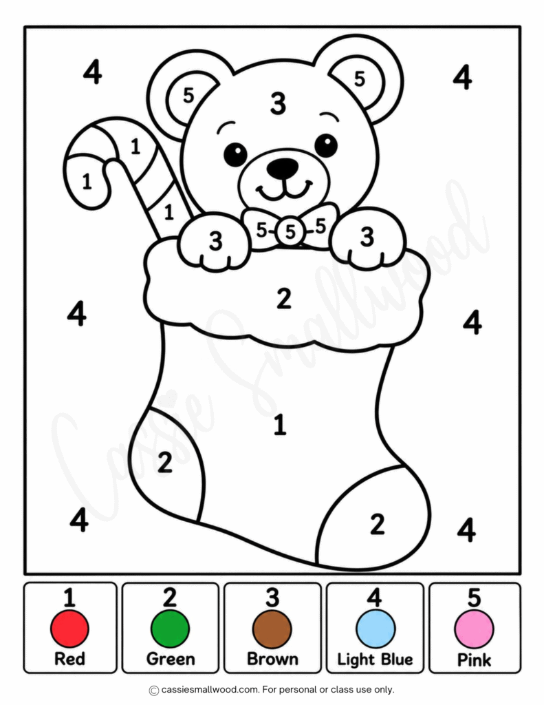 easy Christmas stocking color by number free printable pdf, easy Christmas color by numbers preschool, simple Christmas color by number kindergarten, 1st grade easy Christmas coloring page for kids, cute Christmas color by number elementary school