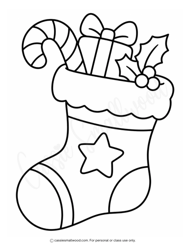 easy Christmas stocking coloring page free printable pdf, preschool stocking Christmas coloring page, simple stocking coloring sheet toddlers preschool kindergarten, full page Christmas stocking coloring picture, easy Christmas coloring pages for kids free downloadable pdf