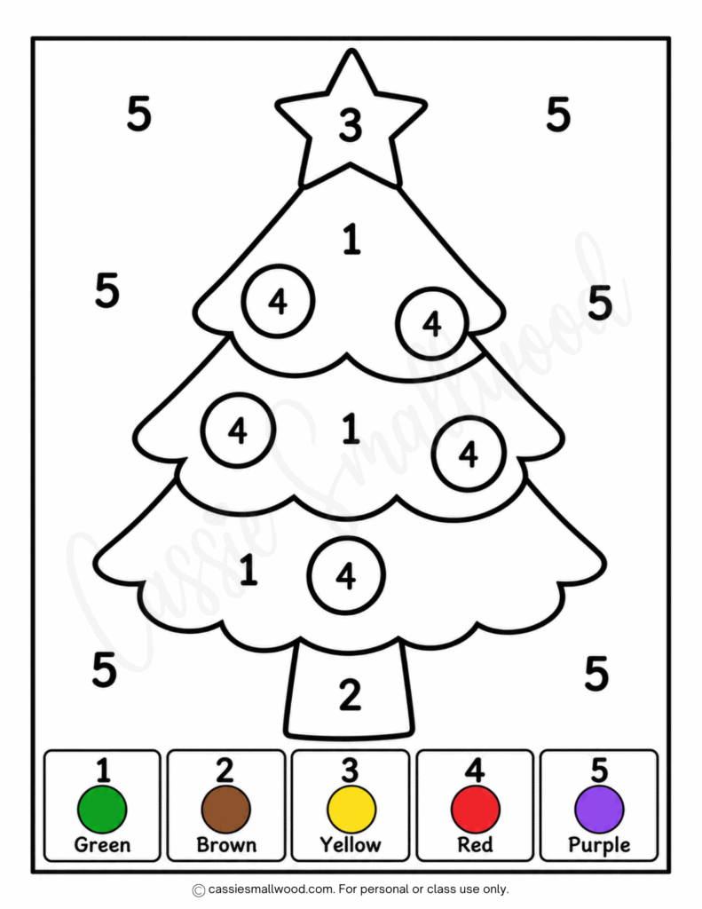 easy Christmas tree color by number free printable pdf, easy Christmas color by numbers preschool, kindergarten, 1st grade, simple Christmas color by number, easy Christmas coloring pages for kids, easy Christmas tree coloring sheet