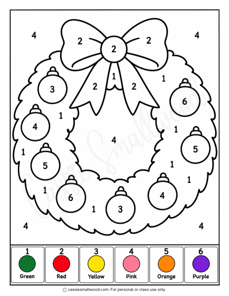 easy Christmas wreath color by number free printable pdf, easy Christmas color by numbers preschoolers, simple Christmas color by number coloring pages kindergarten, easy Christmas wreath coloring page for kids, simple Christmas wreath coloring sheet for kids, cute Christmas coloring pages for kids easy free downloadable pdf