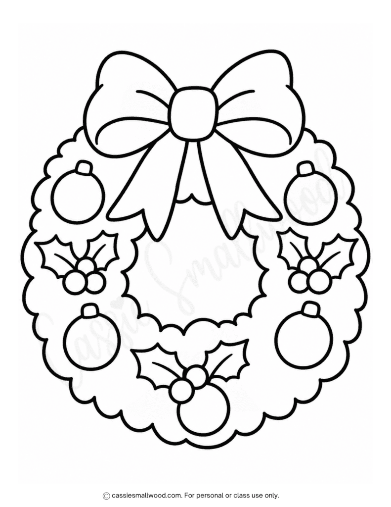 easy Christmas wreath coloring page free printable pdf, easy Christmas coloring pages for kids, simple wreath coloring sheet preschool, easy wreath picture to color toddlers, full page wreath coloring page kindergarten