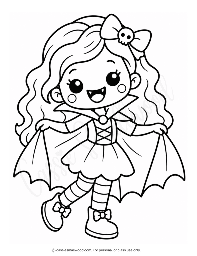 easy cute girl vampire Halloween coloring page free printable pdf, simple Halloween coloring page for preschoolers, toddlers, kindergarteners, kawaii Halloween coloring page, kawaii vampire coloring page, vampiress coloring page for kids