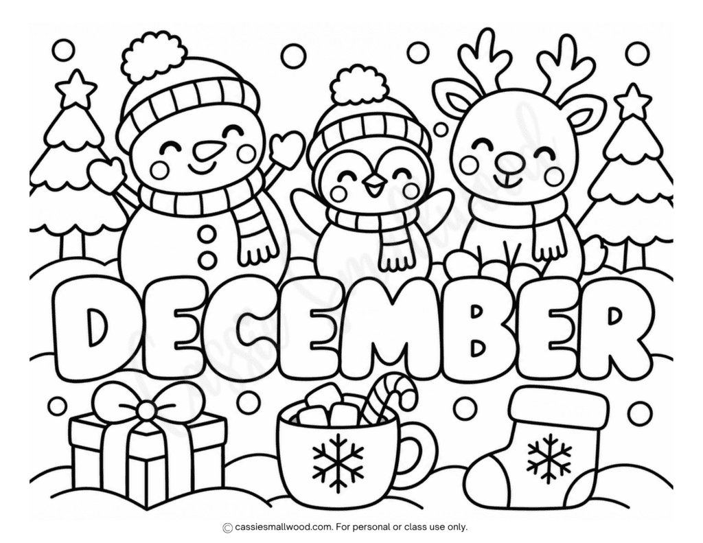easy December coloring page for preschool free printable pdf, simple December coloring sheet for toddlers free download pdf, cute winter coloring page kindergarten