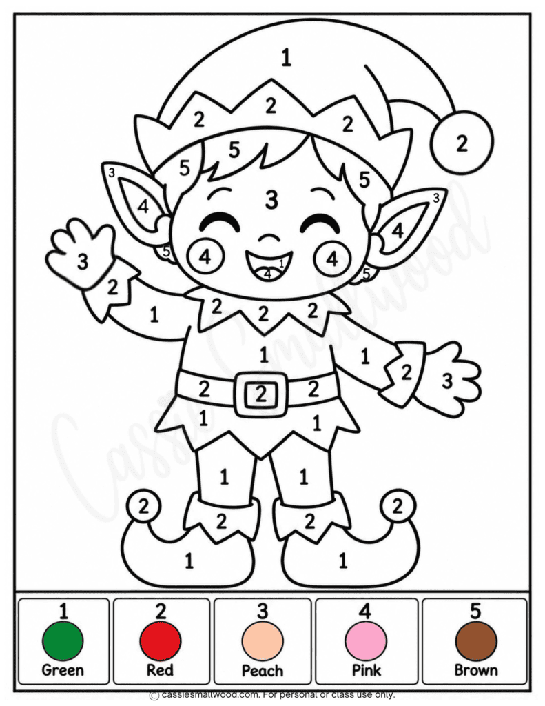 easy elf color by number free printable pdf, easy Christmas color by number printable free pdf, simple Christmas color by number preschool, kindergarten, first grade, easy Christmas elf coloring page for kids, cute easy Christmas coloring sheets free download pdf
