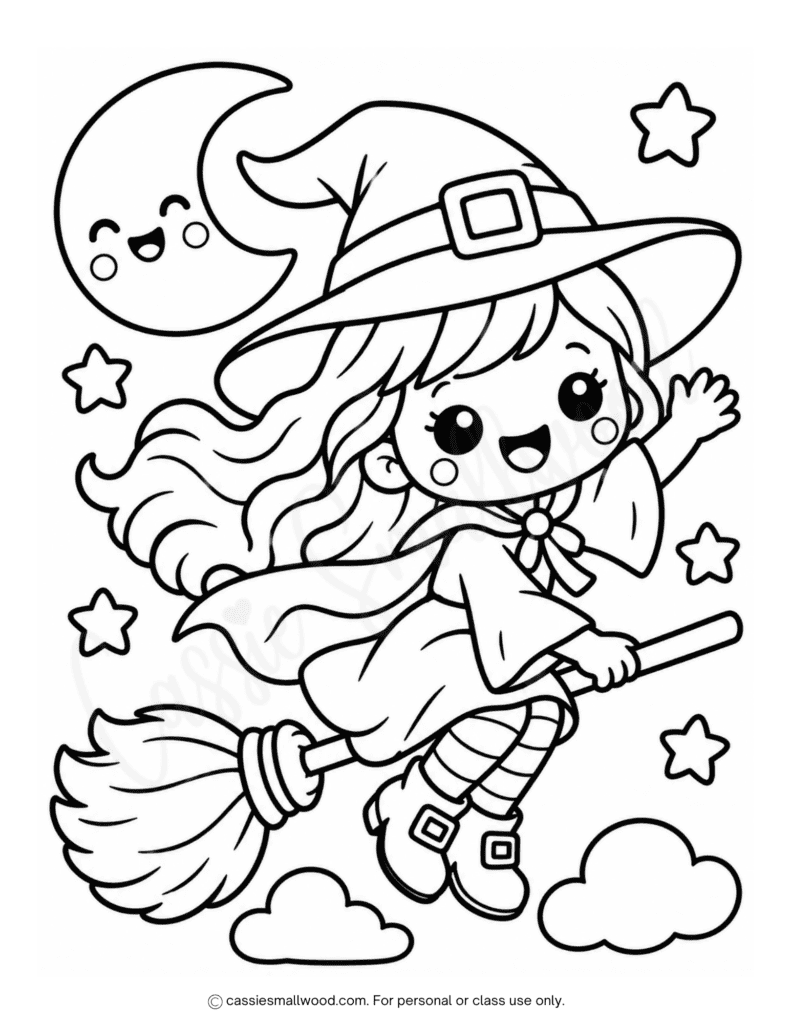 Easy flying witch Halloween coloring picture free printable pdf, kawaii witch coloring page for kids, cute Halloween coloring sheet preschool easy, simple Halloween coloring pictures toddlers kindergarten