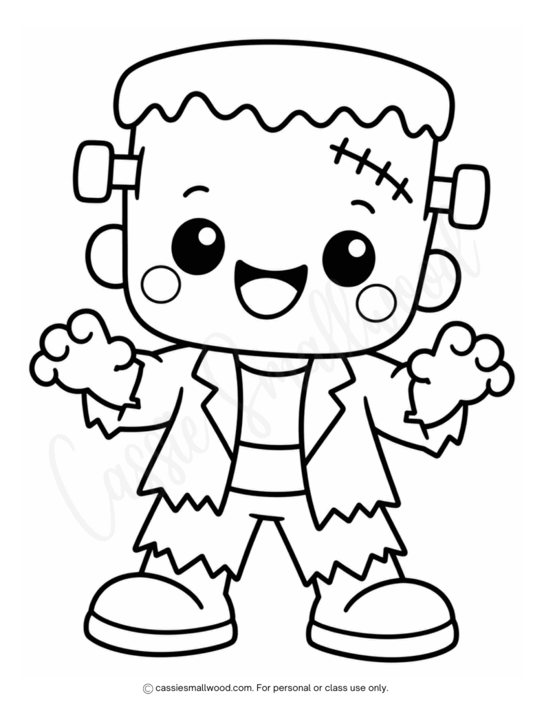 easy Frankenstein coloring page for Halloween free printable pdf, cute kawaii Frankenstein Halloween coloring page for kids, preschool Halloween coloring sheets, toddler Halloween coloring pictures, kindergarten Halloween coloring pages bold simple free download pdf