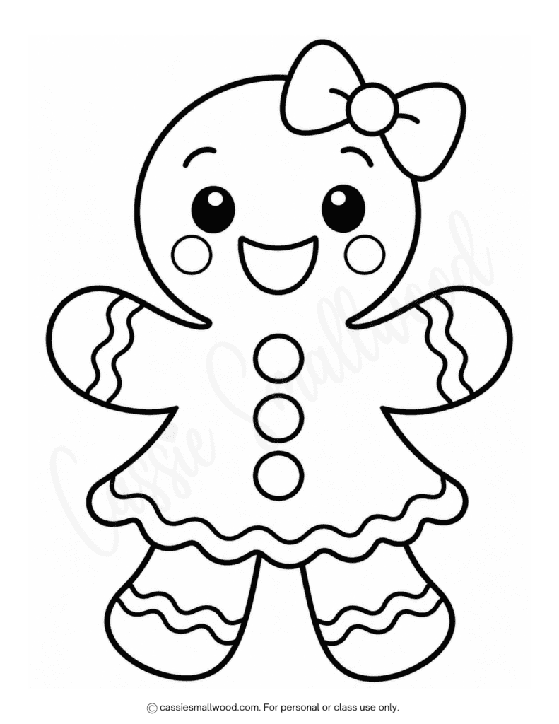 easy gingerbread girl Christmas coloring page free printable pdf, toddler gingerbread coloring sheet, preschool Christmas coloring pages, simple gingerbread coloring page for Christmas, kindergarten Christmas coloring page, cute easy Christmas coloring pages for kids downloadable pdf free