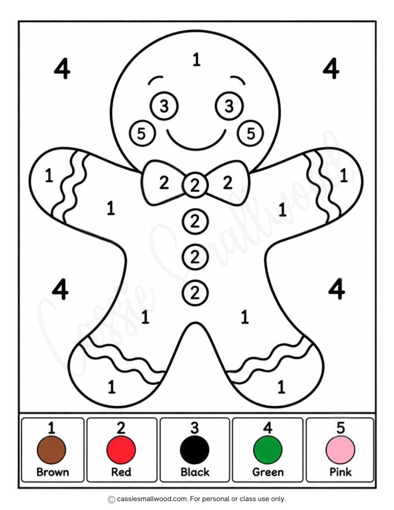 easy gingerbread man color by number printable free pdf, preschool Christmas color by number simple, kindergarten color by numbers cute, easy Christmas coloring pages for kids, simple Christmas coloring sheet for kids, easy gingerbread man coloring page, simple gingerbread man coloring sheet
