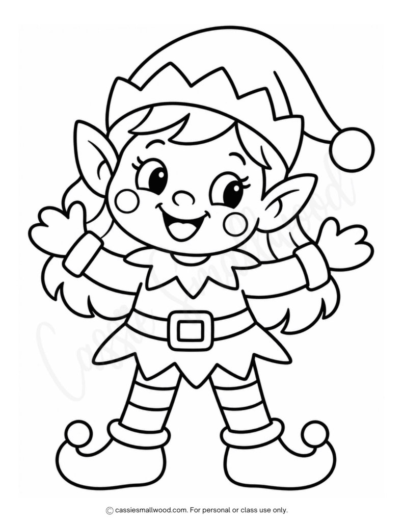 easy girl elf Christmas coloring page free printable pdf, simple elf coloring sheet preschool toddlers kindergarten, Christmas elf coloring page full page, easy Christmas coloring pages for kids free download pdf