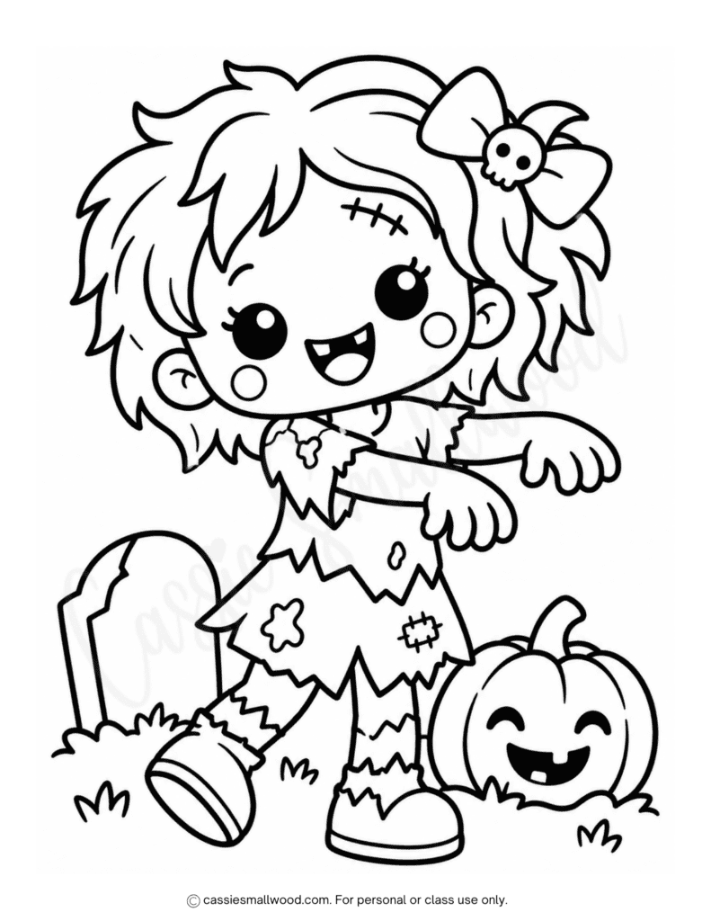 easy girl zombie coloring page for Halloween free printable pdf, kawaii Halloween coloring page cute, simple Halloween coloring page preschool, kindergarten, toddlers, zombie coloring sheet for kids