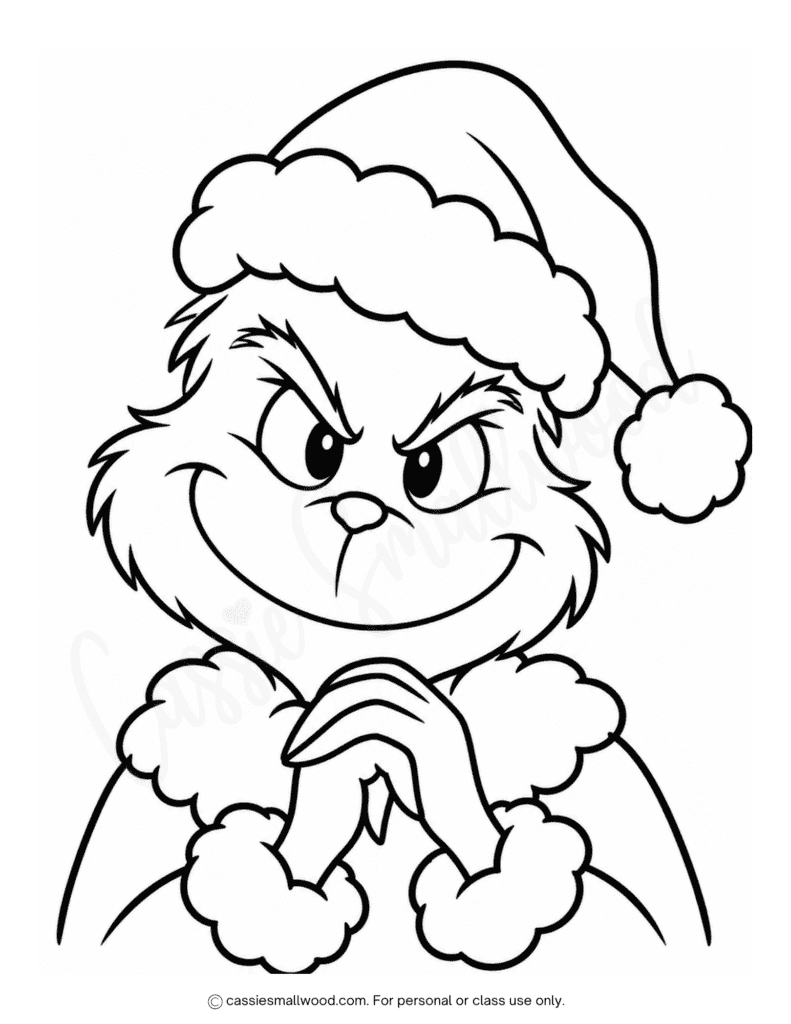 easy Grinch Christmas coloring page free printable pdf, simple Grinch coloring sheet preschool, easy Christmas coloring page for toddlers Grinch, cute Kindergarten Christmas coloring picture Grinch Who Stole Christmas
