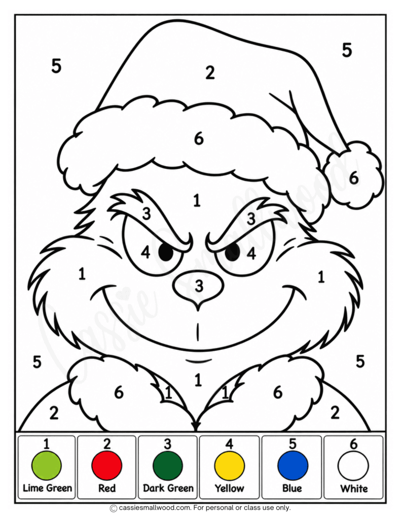 easy Grinch color by number free printable pdf, easy Christmas color by number kindergarten, simple Christmas color by numbers preschool, cute Christmas coloring pages for kids free download pdf, easy Christmas coloring sheets for kids, Grinch coloring page for kids Christmas