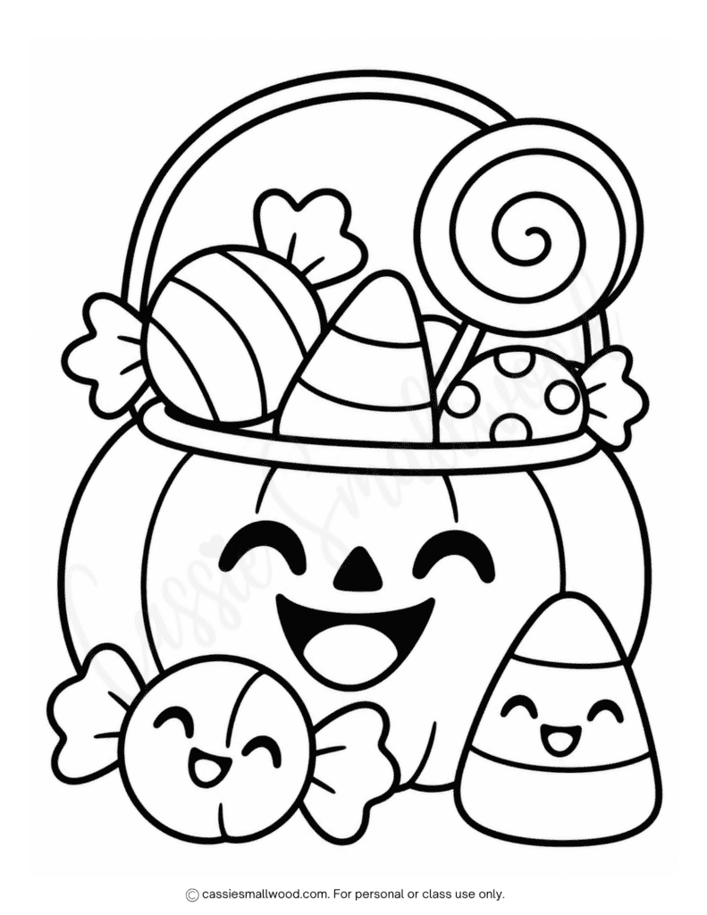 easy Halloween candy coloring page free printable pdf, Halloween candy bucket coloring page preschool, easy Halloween coloring pages for kids, toddler halloween coloring sheets, kindergarten Halloween coloring pictures bold easy free download pdf