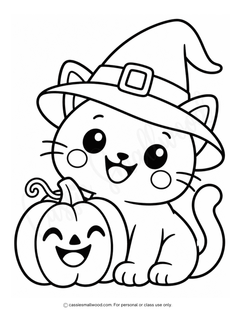 easy Halloween cat coloring page free printable pdf, Halloween kitty coloring page preschool, toddler simple Halloween coloring pages, cute easy coloring pages Halloween, kawaii Halloween coloring pages kindergarten
