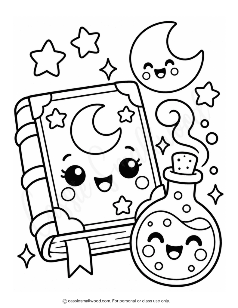cute spell book easy Halloween coloring page for kids free printable pdf, kawaii Halloween coloring sheets for kids, preschool Halloween coloring page easy, simple Halloween coloring picture toddlers kindergarten