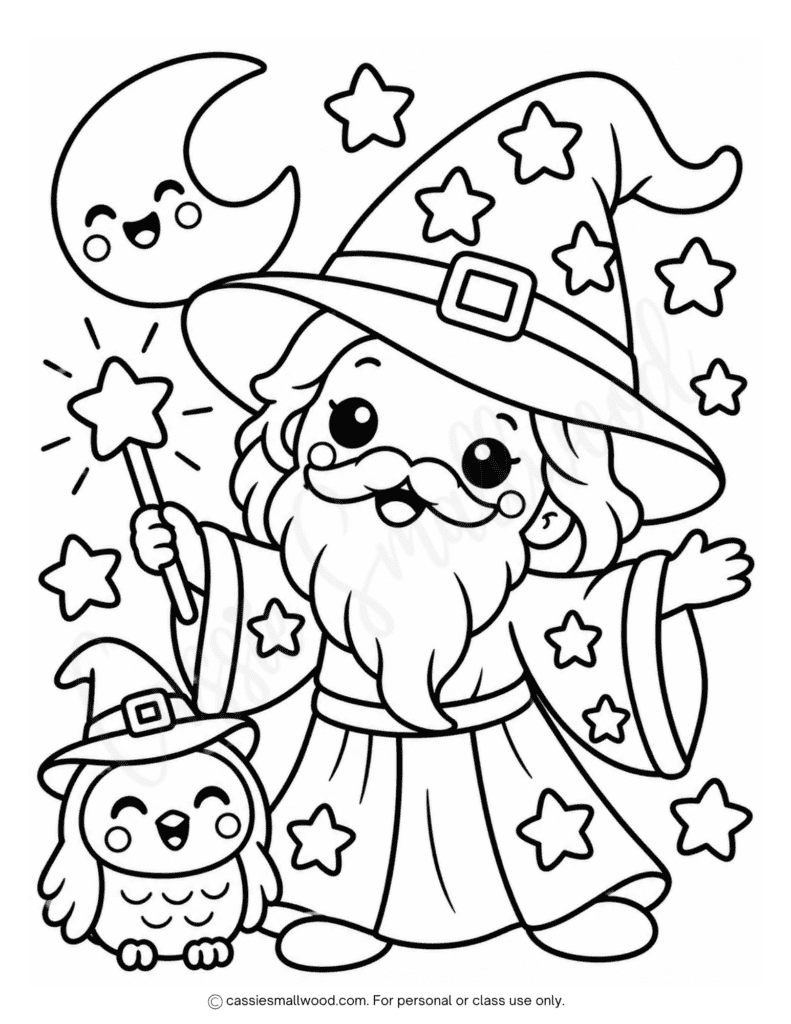 easy Halloween wizard coloring page free printable pdf, cute wizard coloring page for kids, simple Halloween coloring page preschool, easy Halloween coloring page toddlers, simple Halloween coloring page kindergarten