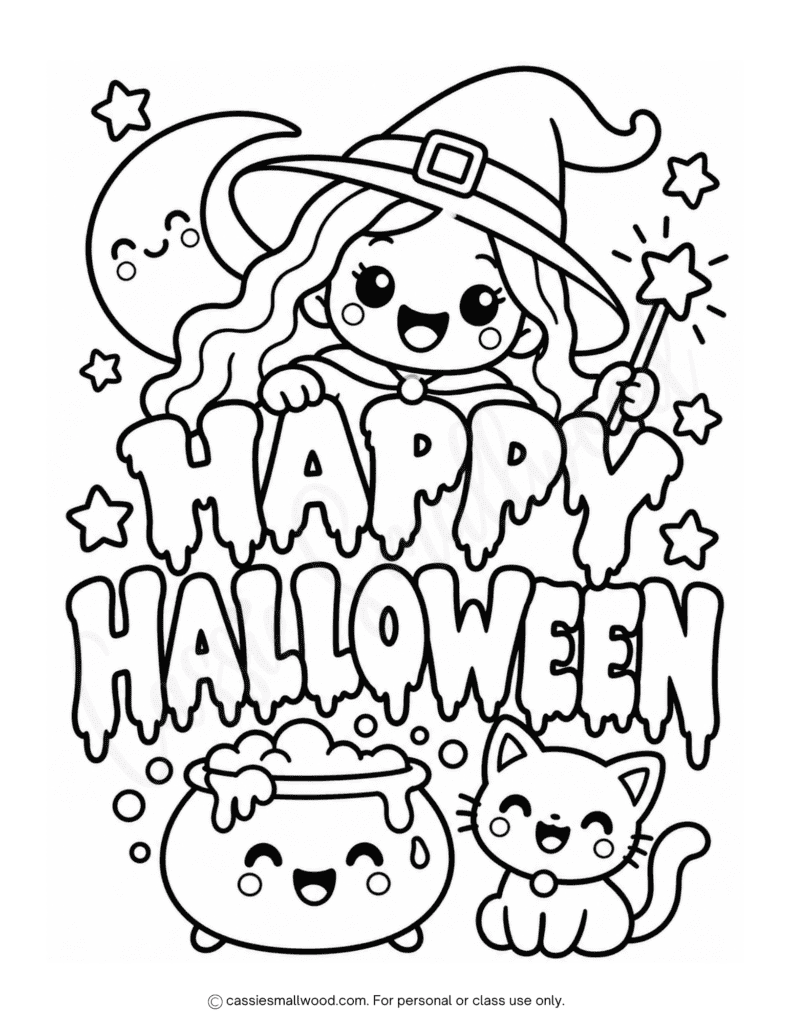 easy Happy Halloween coloring page free printable pdf, cute witch Halloween coloring page, kawaii Halloween coloring page easy, simple Halloween coloring sheets for kids preschool kindergarten toddlers downloadable pdf free