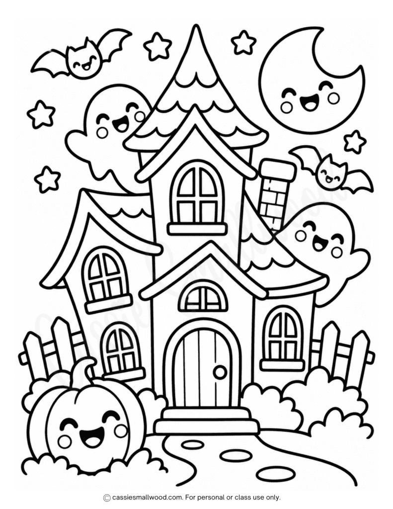easy haunted house coloring page for kids free printable pdf, easy Halloween coloring pages preschool, simple Halloween coloring page toddlers, kindergarten halloween coloring sheet free download