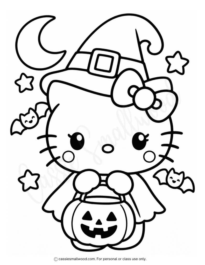 easy Hello Kitty Halloween coloring page free printable pdf, cute Halloween coloring page for kids kitty, kawaii Halloween coloring pages preschool toddlers, kindergarten