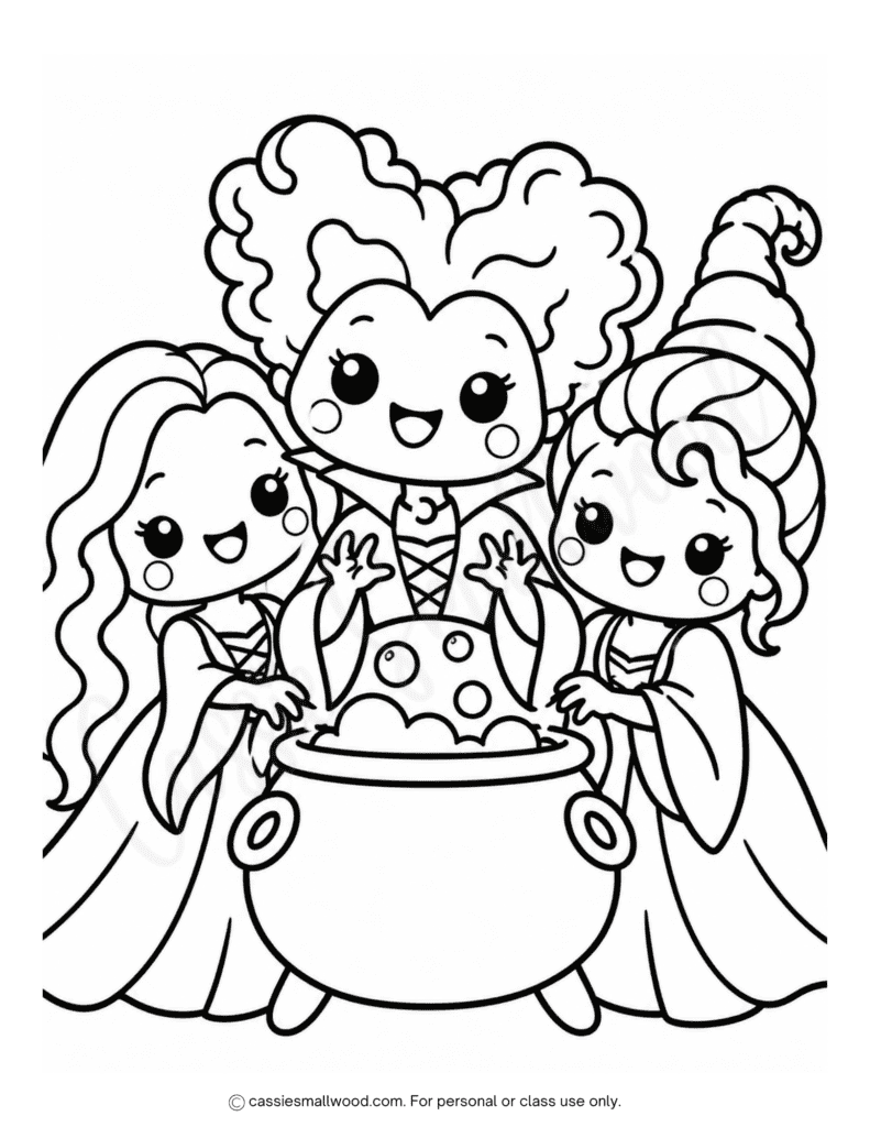 easy Hocus Pocus Halloween coloring page free printable pdf, Halloween witch coloring page for kids free download, cute witch coloring sheet, kawaii Halloween coloring page easy, simple halloween coloring page preschool toddlers kindergarten, Hocus Pocus coloring page