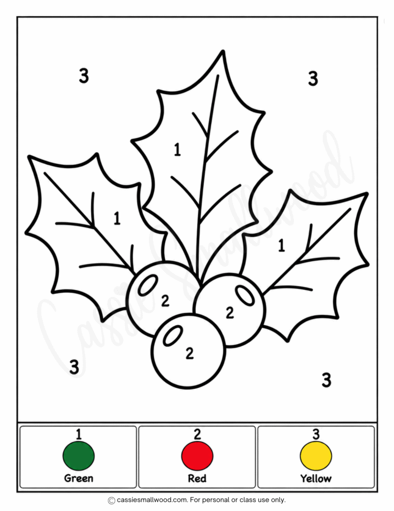 easy Christmas color by number free printable pdf, easy holly color by number free printable pdf, preschool Christmas color by numbers, simple Christmas color by number kindergarten, easy Christmas coloring pages for kids, cute Christmas coloring sheets for kids simple free downloadable pdf