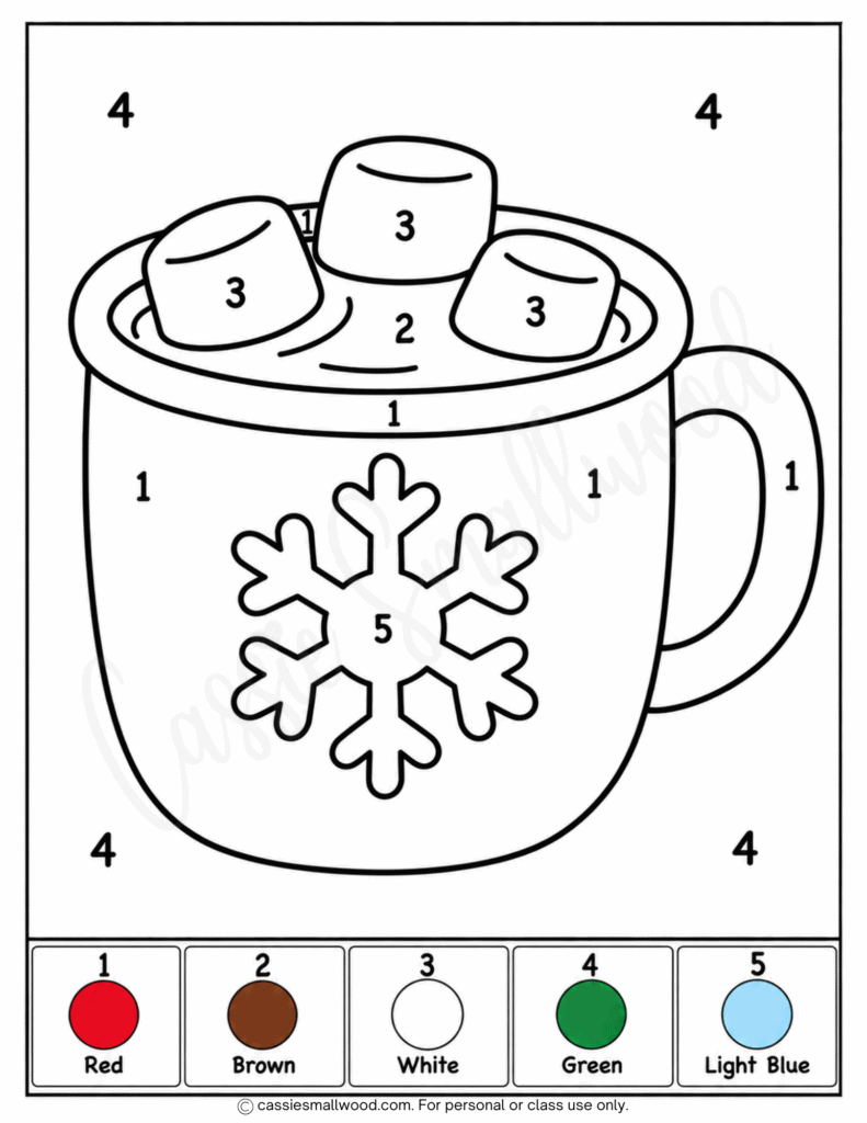 easy hot cocoa color by number free printable pdf, easy Christmas color by number preschool, simple winter color by number easy Christmas coloring page for kids, easy winter coloring sheet for kids kindergarten