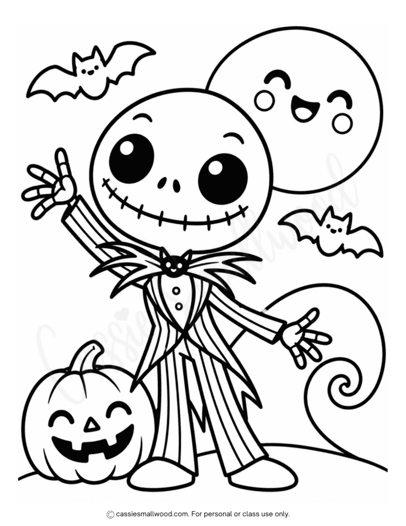 easy Jack Skellington coloring page for kids free printable pdf, easy Halloween coloring page for kids, preschool Halloween coloring pages, Nightmare Before Christmas coloring pages, simple Halloween coloring page preschool toddler kindergarten bold