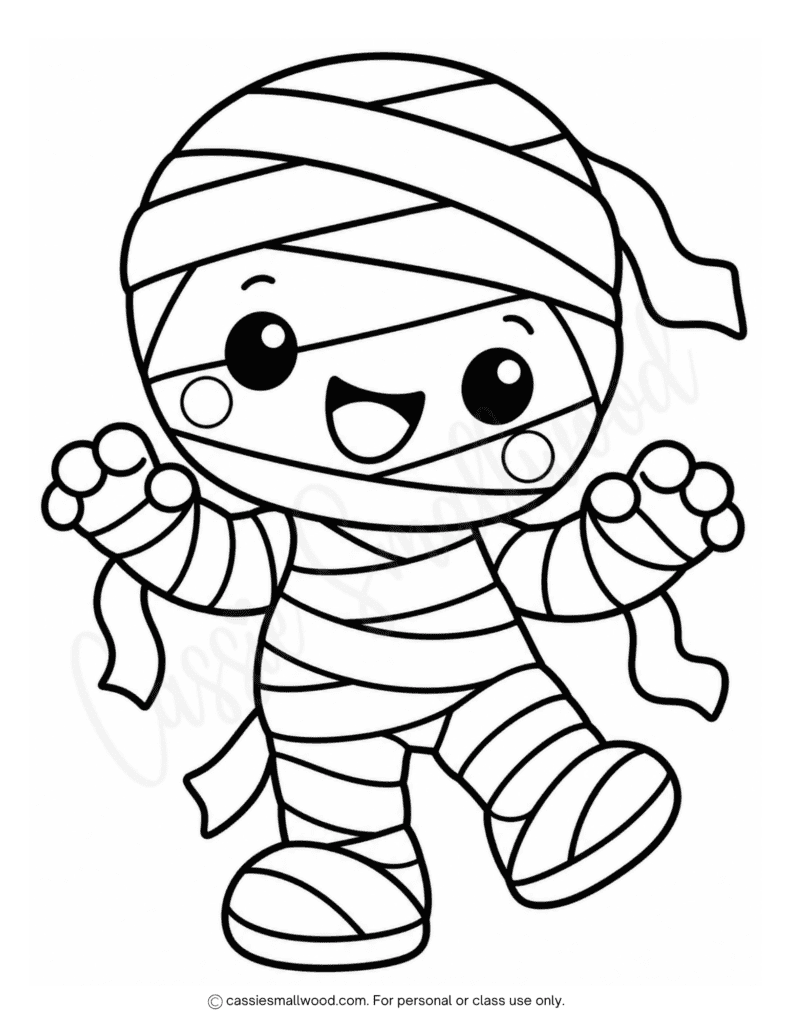 easy mummy halloween coloring picture for kids free printable pdf, preschool Halloween coloring pages, cute toddler Halloween coloring sheets, kawaii Halloween coloring pages bold simple kindergarten