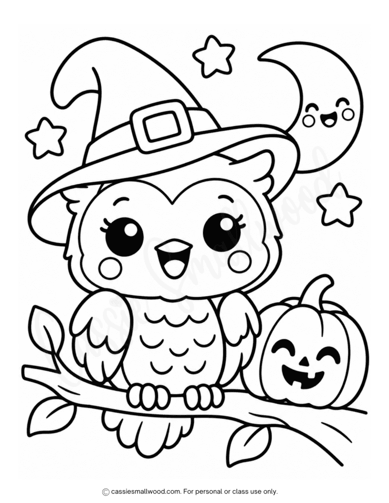 easy owl coloring sheet for Halloween free printable pdf, kawaii Halloween coloring page for kids simple, easy Halloween coloring page preschool toddler kindergarten, owl coloring page halloween