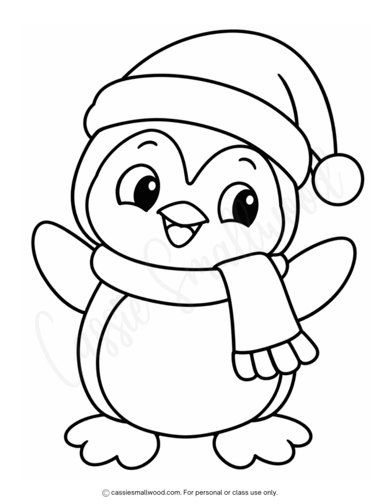 easy penguin Christmas coloring page free printable pdf, toddler penguin coloring page, preschool winter coloring page cute, simple penguin coloring sheet kindergarten, easy Christmas coloring pages for kids