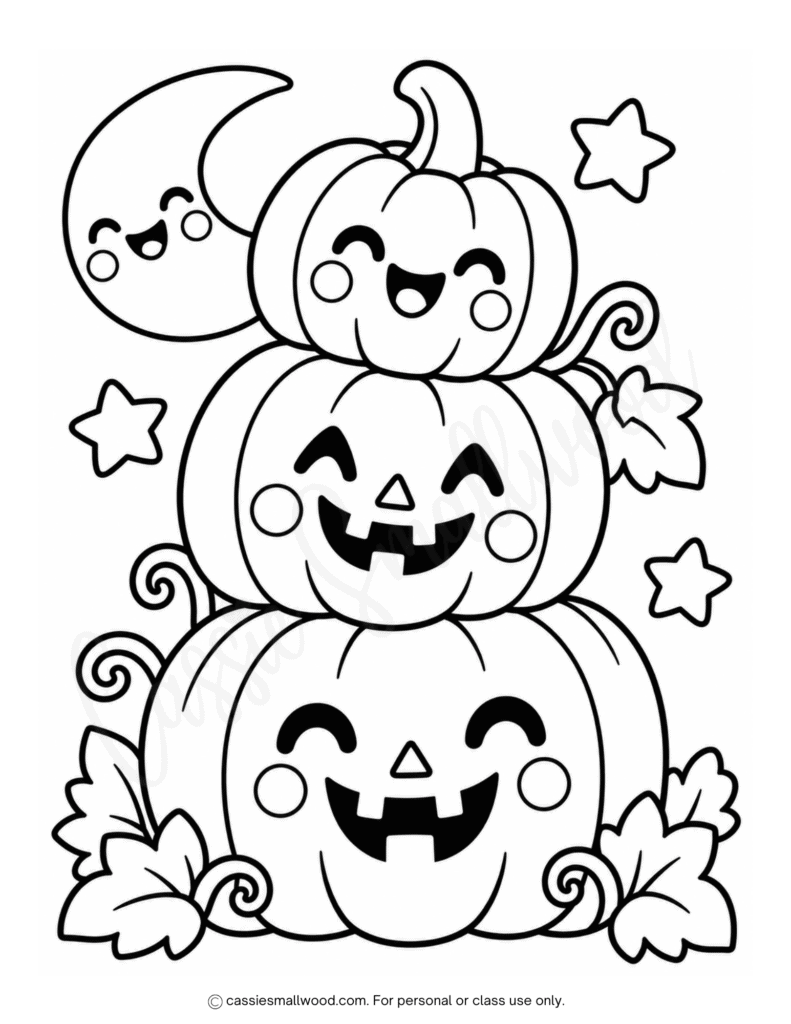 easy pumpkin stack coloring page for Halloween free printable pdf, cute Halloween pumpkin coloring page for kids, easy Halloween coloring page preschool, simple Halloween coloring sheet toddlers, bold Halloween coloring picture kindergarten