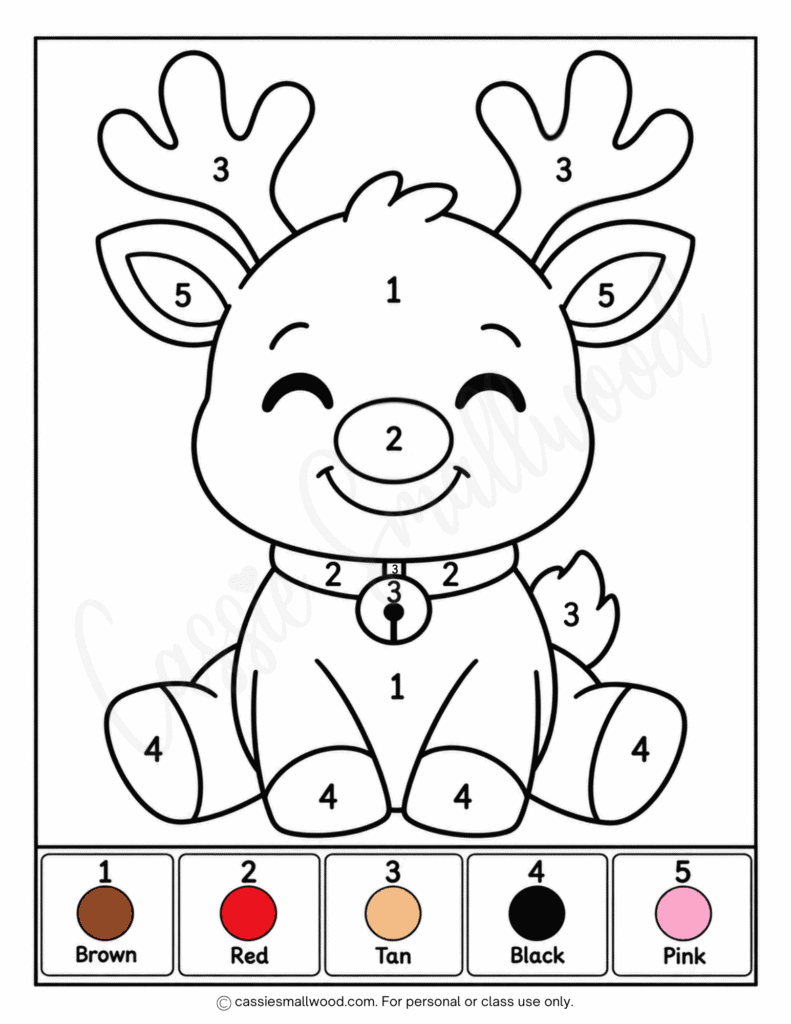 easy reindeer color by number free printable pdf, easy Rudolph color by number, simple Christmas color by number preschool, easy Christmas color by numbers kindergarten cute reindeer coloring page easy, first grade Christmas coloring sheets for kids
