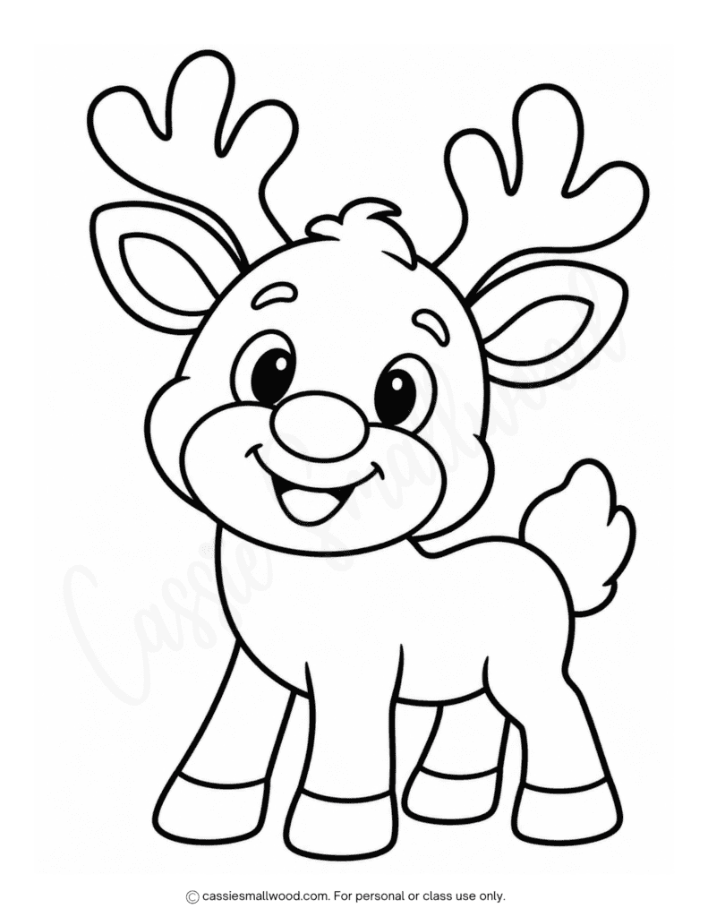 easy reindeer coloring page free printable pdf, simple reindeer Christmas coloring page toddlers, preschool Rudolph coloring page, kindergarten Christmas reindeer coloring sheet, cute Christmas coloring pages for kids free download