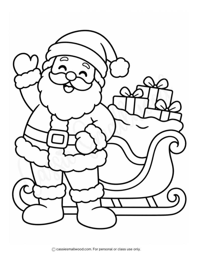 easy Santa and sleigh coloring page for Christmas free printable pdf, cute Santa Claus coloring page preschool, simple Santa coloring page toddlers, easy Santa coloring sheet kindergarten, easy Christmas coloring pages for kids free download